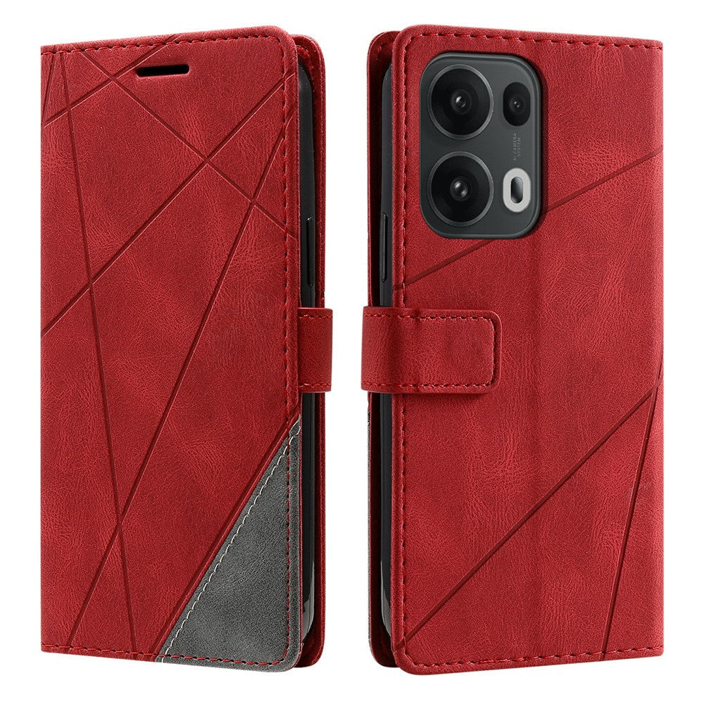 For Oppo Reno13 Pro 5G Case Imprinted Lines PU Leather Splicing Wallet Phone Cover - Red