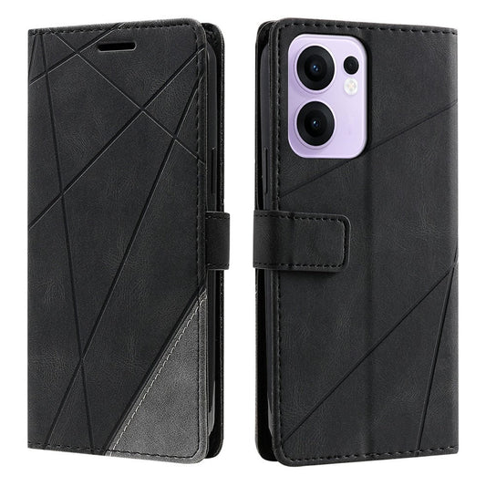 For Oppo Reno13 F 4G / 5G Case Imprinted Lines PU Leather Splicing Wallet Phone Cover - Black