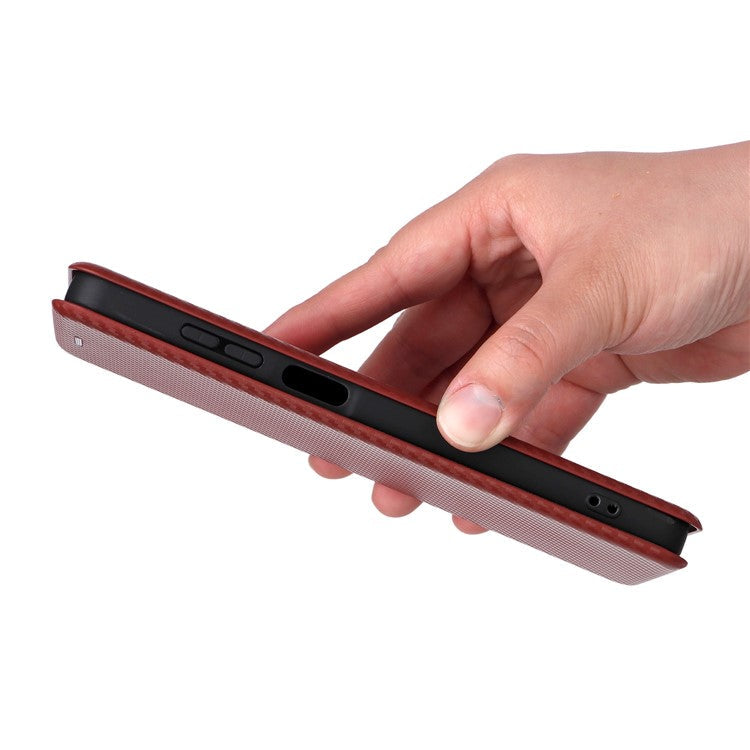 For Samsung Galaxy F06 5G / M06 5G Case Carbon Fiber Texture Drop-Proof PU Leather Phone Cover - Brown