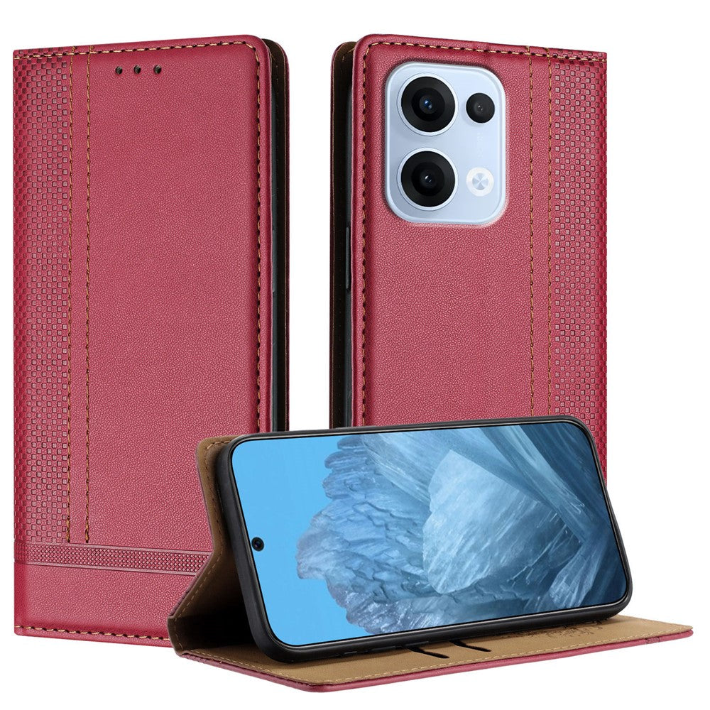 For Oppo Reno13 5G (Global) Case L-Shaped Grid Pattern Leather Stand Phone Cover with Card Slots - Red