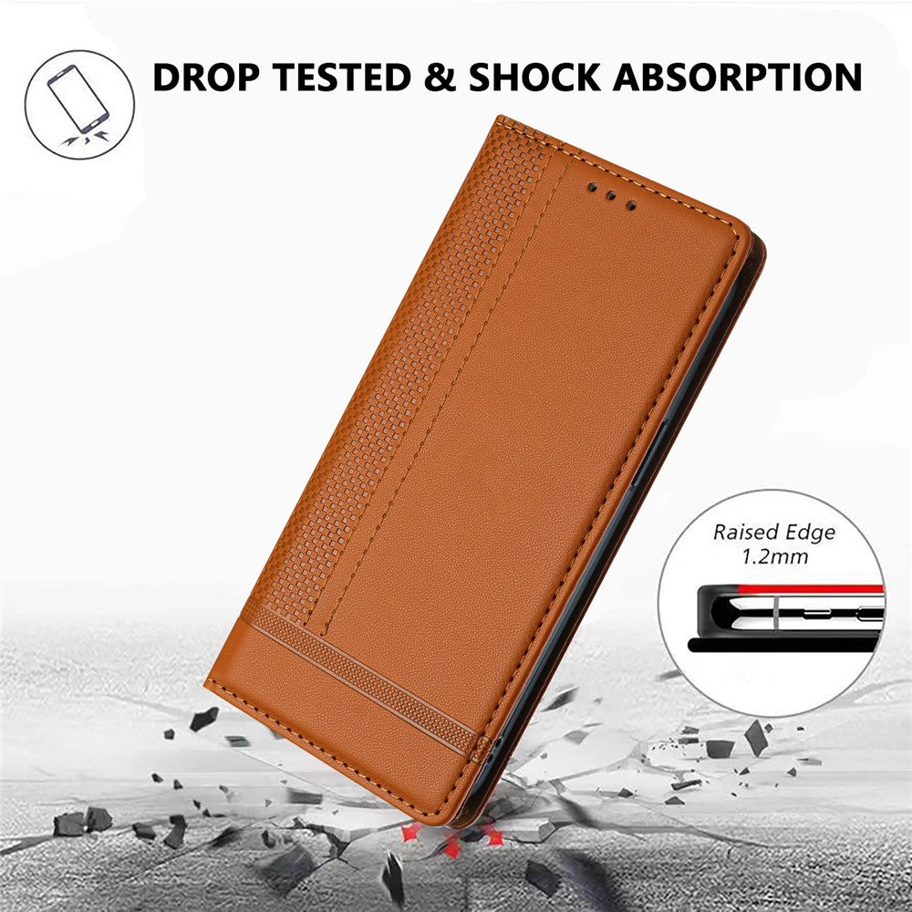 For Oppo Reno13 5G (Global) Case L-Shaped Grid Pattern Leather Stand Phone Cover with Card Slots - Brown