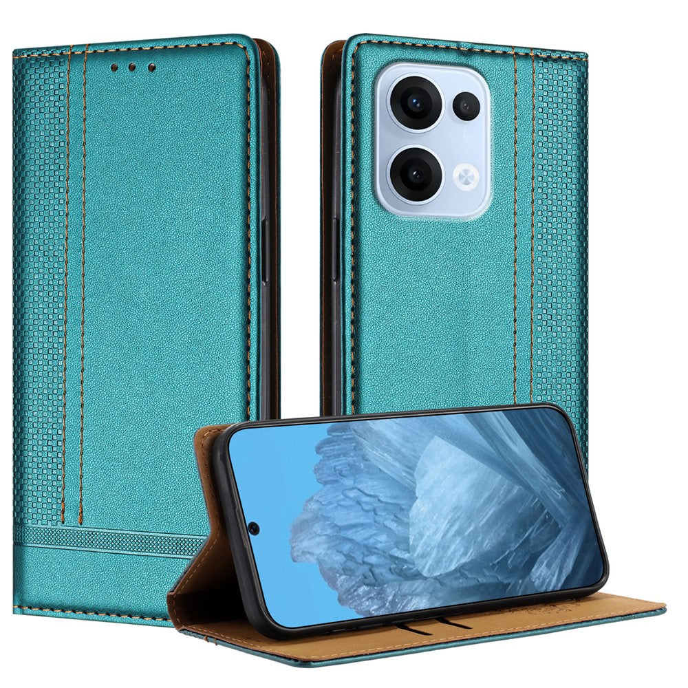 For Oppo Reno13 5G (Global) Case L-Shaped Grid Pattern Leather Stand Phone Cover with Card Slots - Green