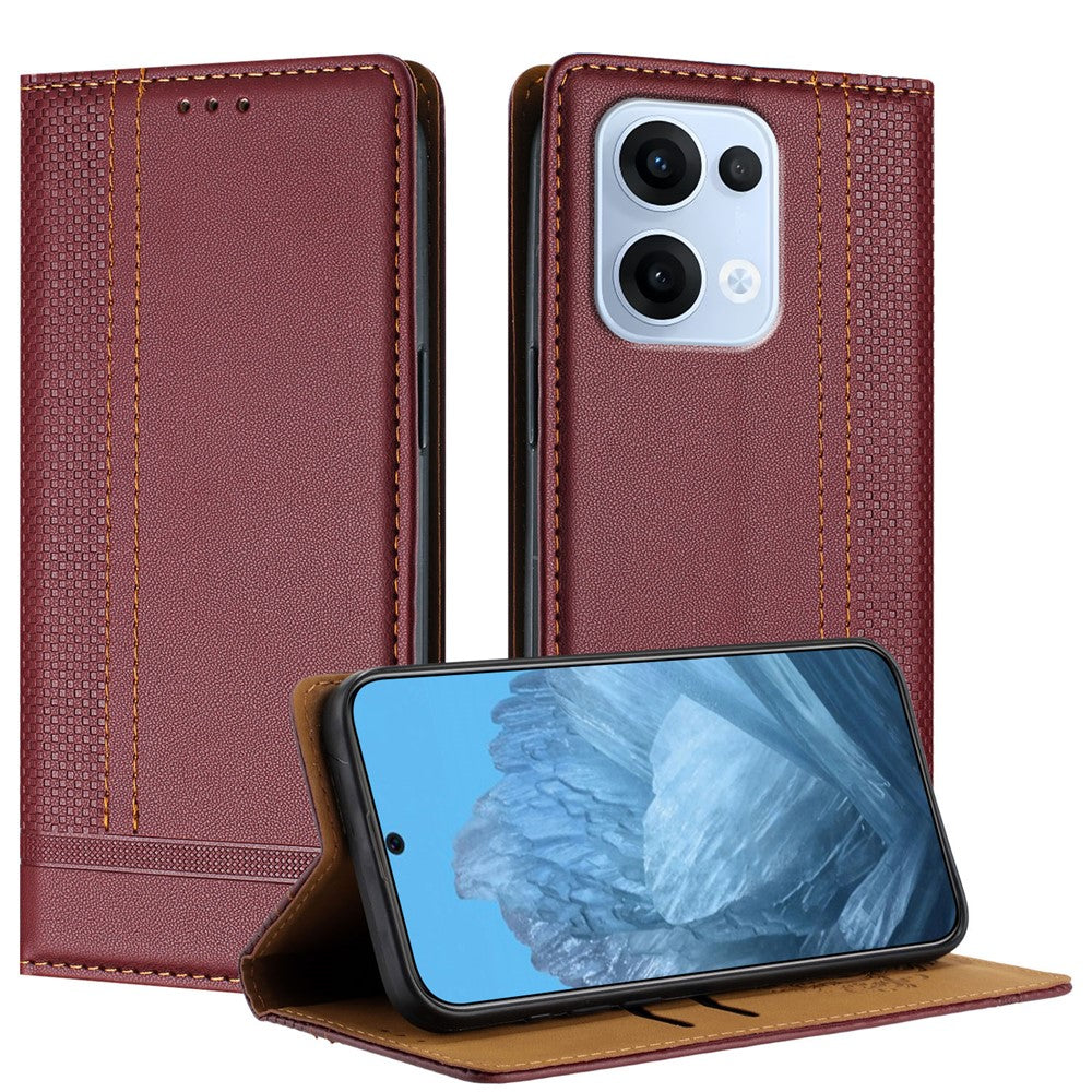 For Oppo Reno13 5G (Global) Case L-Shaped Grid Pattern Leather Stand Phone Cover with Card Slots - Wine Red