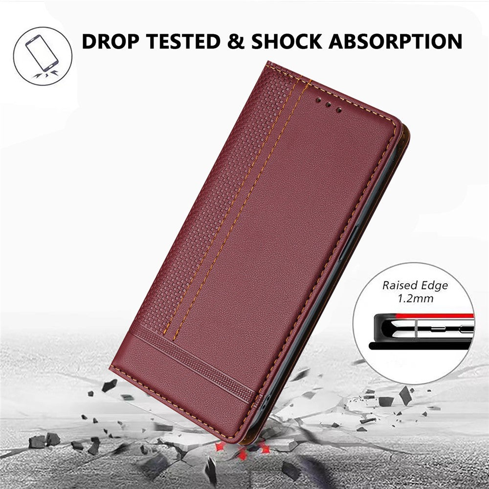 For Oppo Reno13 5G (Global) Case L-Shaped Grid Pattern Leather Stand Phone Cover with Card Slots - Wine Red