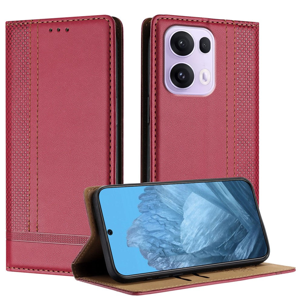 For Oppo Reno13 Pro 5G Case L-Shaped Grid Pattern Leather Stand Phone Cover with Card Slots - Red