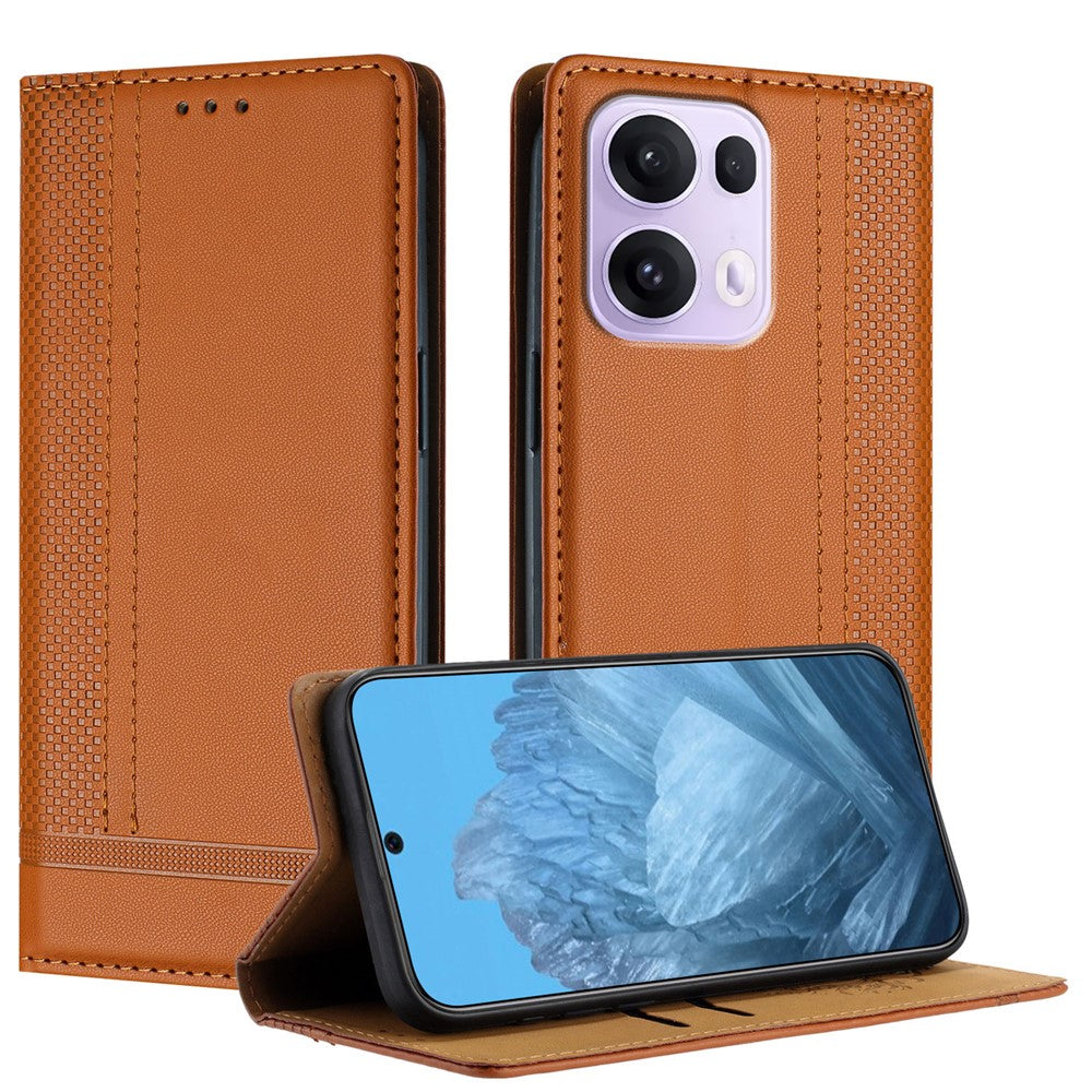 For Oppo Reno13 Pro 5G Case L-Shaped Grid Pattern Leather Stand Phone Cover with Card Slots - Brown