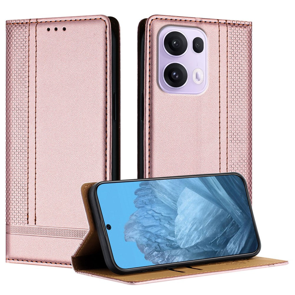 For Oppo Reno13 Pro 5G Case L-Shaped Grid Pattern Leather Stand Phone Cover with Card Slots - Rose Gold