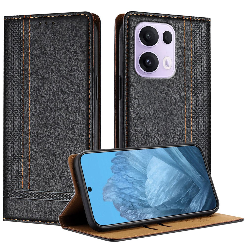 For Oppo Reno13 Pro 5G Case L-Shaped Grid Pattern Leather Stand Phone Cover with Card Slots - Black