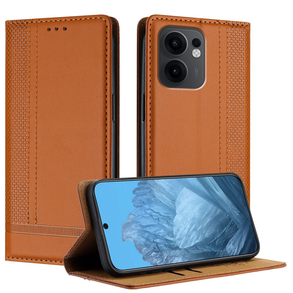 For Oppo Reno13 F 5G Case L-Shaped Grid Pattern Leather Stand Phone Cover with Card Slots - Brown