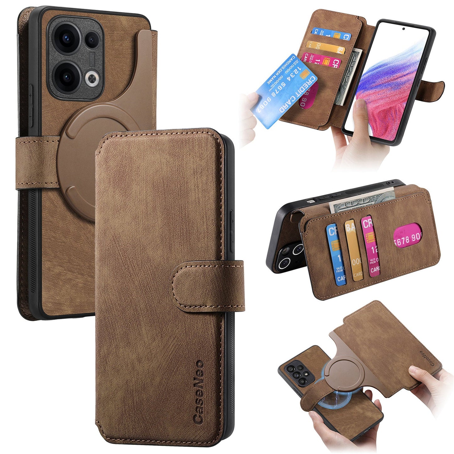 For Oppo Reno13 5G (Global) Magnetic Case CASENEO Detachable Leather Phone Wallet Cover - Brown