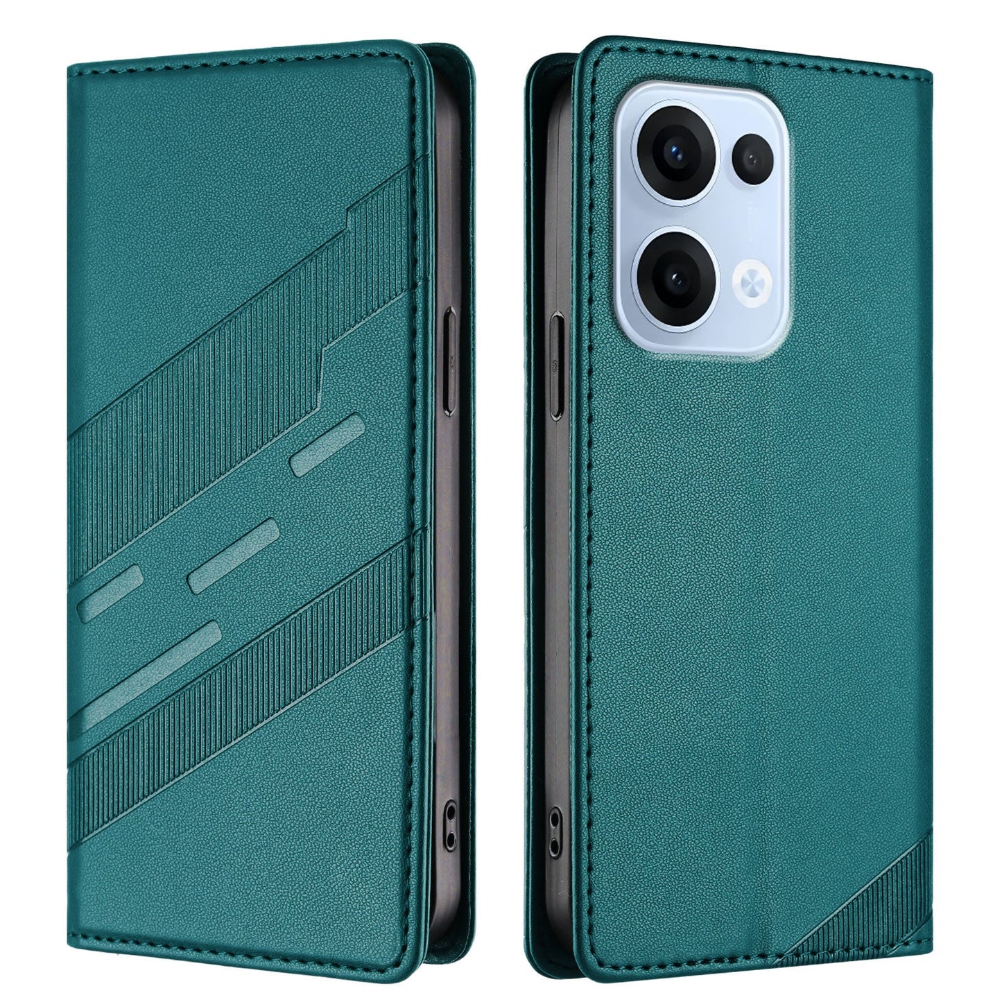 For Oppo Reno13 5G (Global) Phone Cases Punk Style Imprinted Wallet Stand Leather Cover - Dark Green