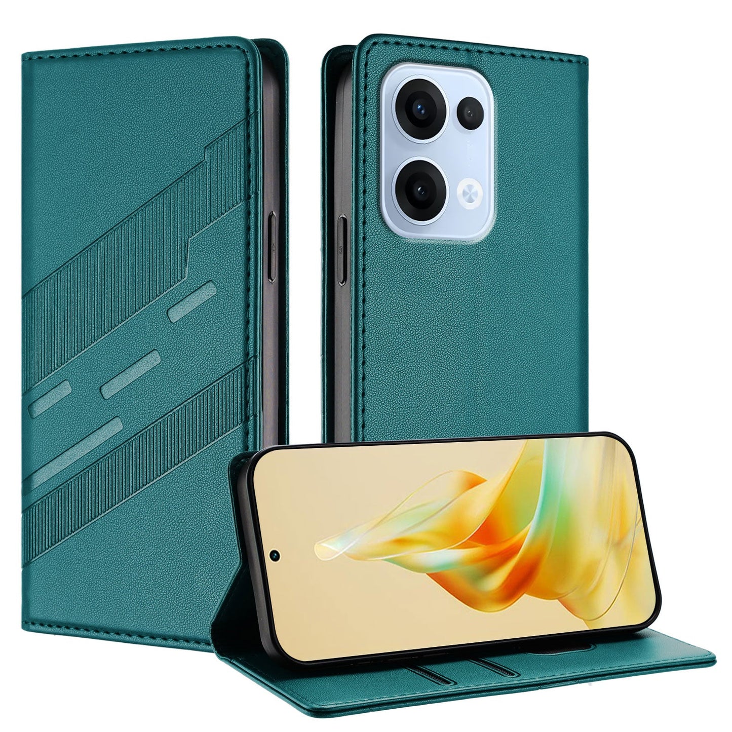 For Oppo Reno13 5G (Global) Phone Cases Punk Style Imprinted Wallet Stand Leather Cover - Dark Green