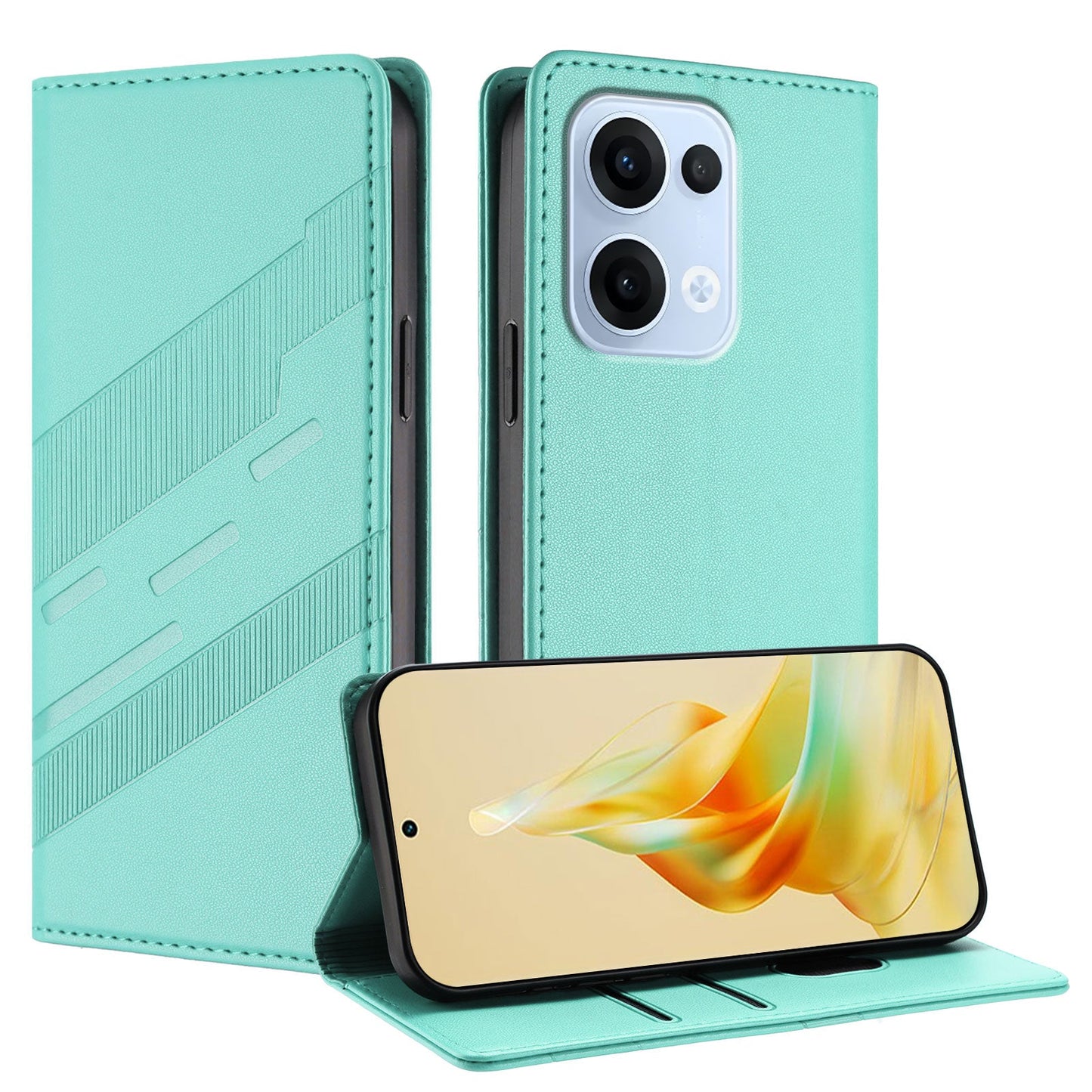 For Oppo Reno13 5G (Global) Phone Cases Punk Style Imprinted Wallet Stand Leather Cover - Mint Green