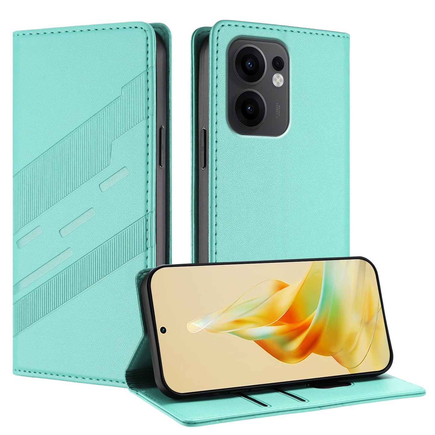 For Oppo Reno13 F 5G Phone Cases Punk Style Imprinted Wallet Stand Leather Cover - Mint Green
