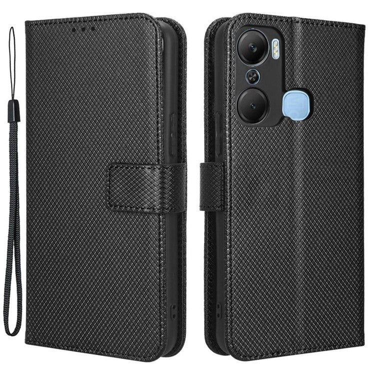 For Infinix Hot 12 Pro 4G X668C PU Leather Flip Folio Case Diamond Texture Stand Soft TPU Inner Shell Phone Cover with Strap - Black