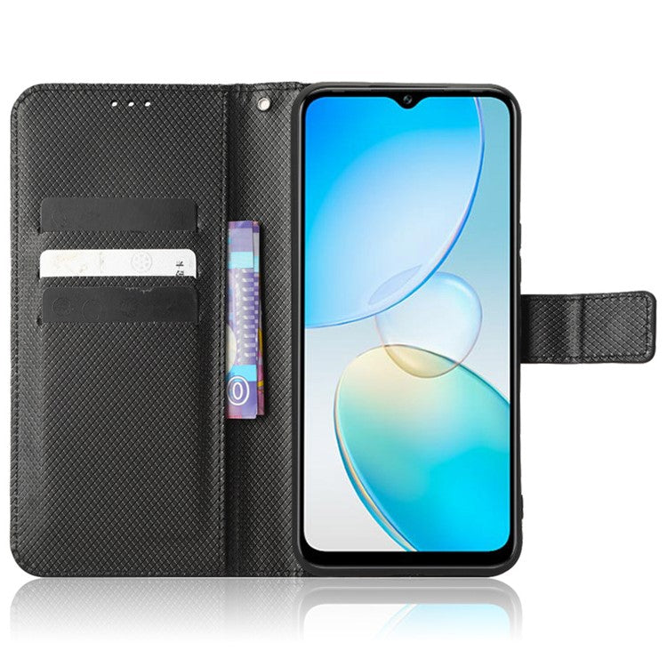 For Infinix Hot 12 Pro 4G X668C PU Leather Flip Folio Case Diamond Texture Stand Soft TPU Inner Shell Phone Cover with Strap - Black
