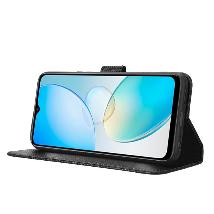 For Infinix Hot 12 Pro 4G X668C PU Leather Flip Folio Case Diamond Texture Stand Soft TPU Inner Shell Phone Cover with Strap - Black