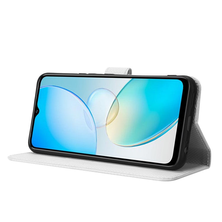 For Infinix Hot 12 Pro 4G X668C PU Leather Flip Folio Case Diamond Texture Stand Soft TPU Inner Shell Phone Cover with Strap - White