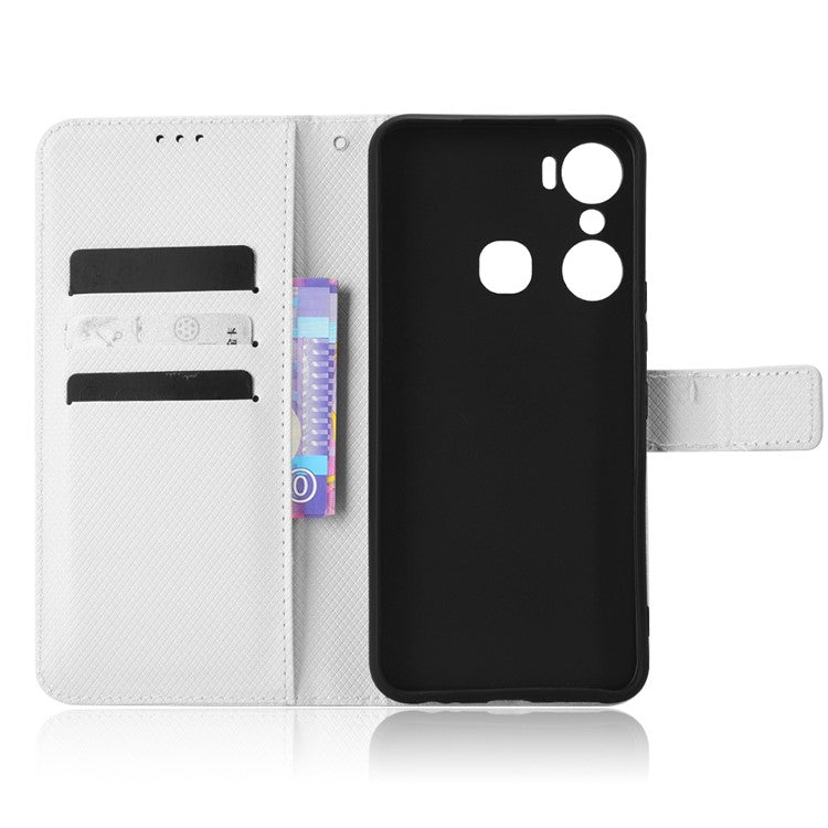 For Infinix Hot 12 Pro 4G X668C PU Leather Flip Folio Case Diamond Texture Stand Soft TPU Inner Shell Phone Cover with Strap - White