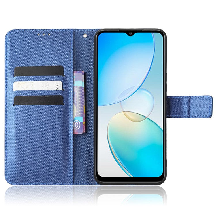 For Infinix Hot 12 Pro 4G X668C PU Leather Flip Folio Case Diamond Texture Stand Soft TPU Inner Shell Phone Cover with Strap - Blue