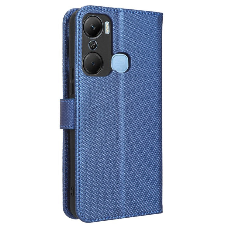 For Infinix Hot 12 Pro 4G X668C PU Leather Flip Folio Case Diamond Texture Stand Soft TPU Inner Shell Phone Cover with Strap - Blue