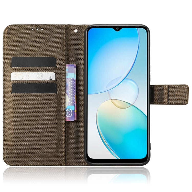 For Infinix Hot 12 Pro 4G X668C PU Leather Flip Folio Case Diamond Texture Stand Soft TPU Inner Shell Phone Cover with Strap - Brown