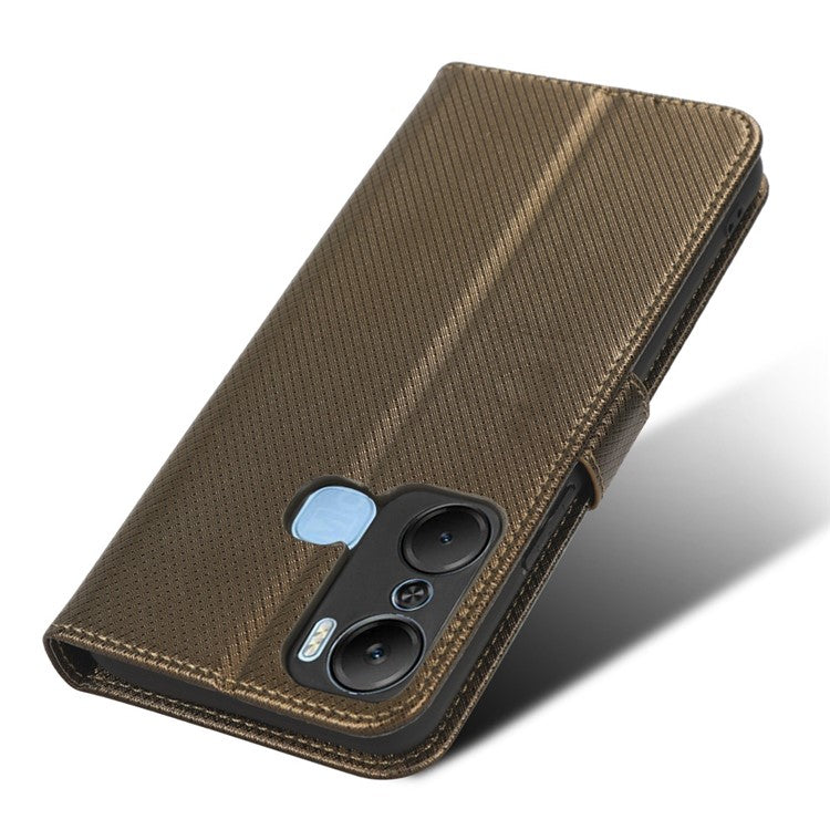 For Infinix Hot 12 Pro 4G X668C PU Leather Flip Folio Case Diamond Texture Stand Soft TPU Inner Shell Phone Cover with Strap - Brown