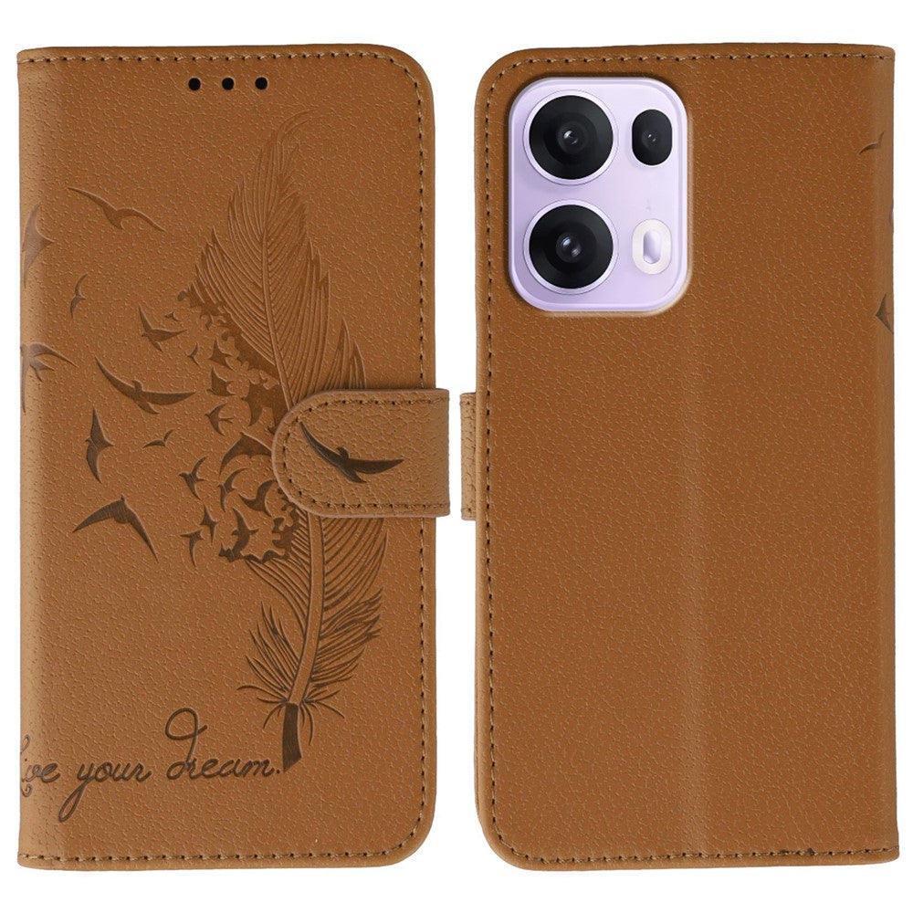 For Oppo Reno13 Pro 5G Case Feather Imprint PU Leather Wallet Phone Cover - Brown