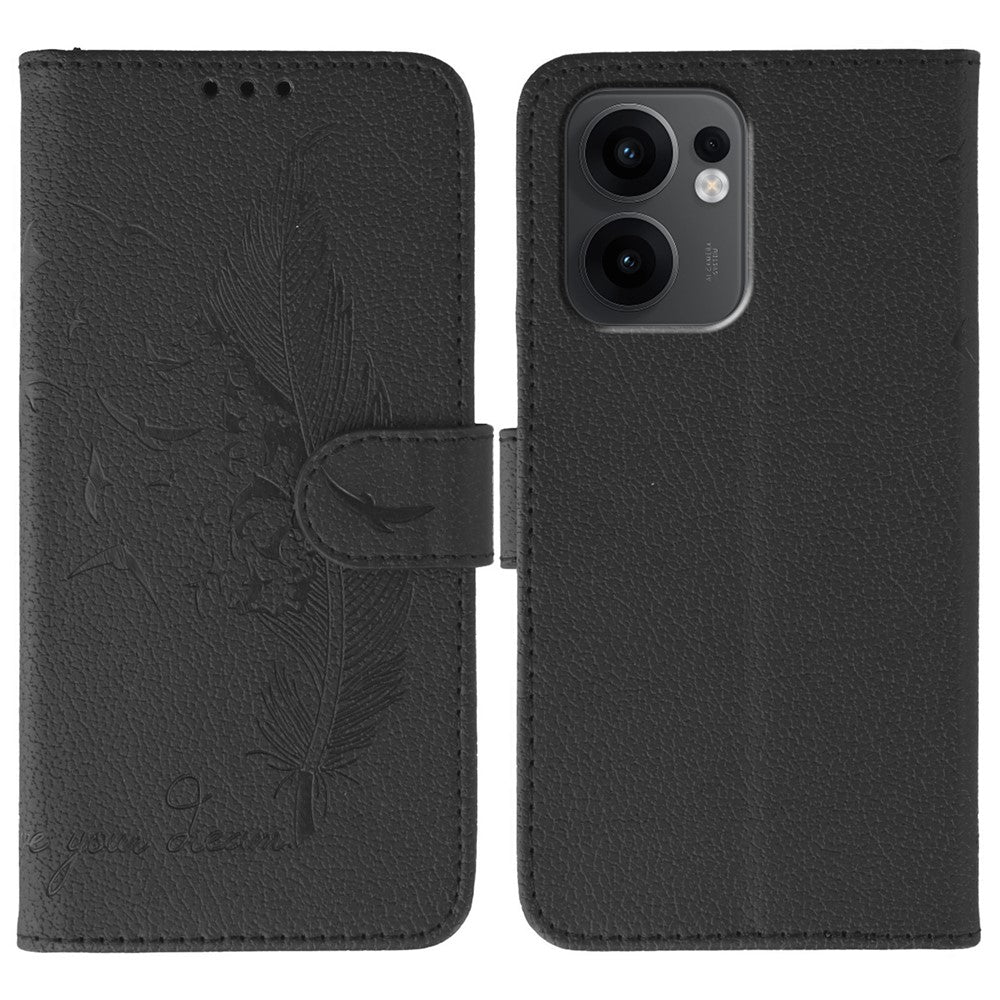 For Oppo Reno13 F 4G / 5G Case Feather Imprint PU Leather Wallet Phone Cover - Black
