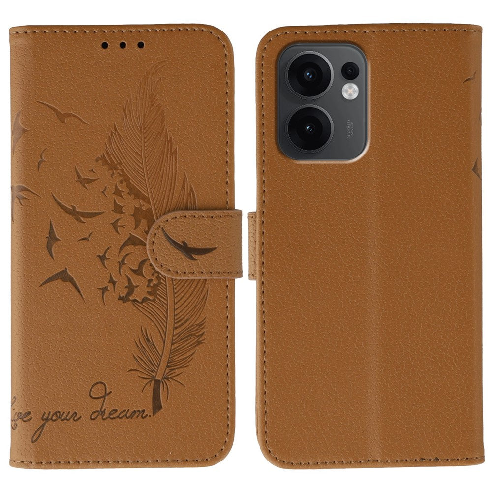 For Oppo Reno13 F 4G / 5G Case Feather Imprint PU Leather Wallet Phone Cover - Brown
