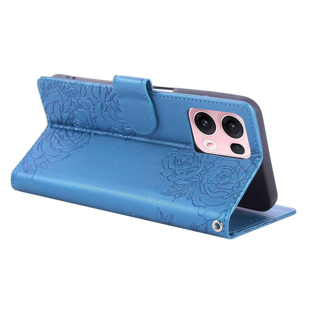 For Oppo Reno13 Pro 5G Case Rose Flower PU Leather Wallet Phone Cover with 3 Card Slots - Blue