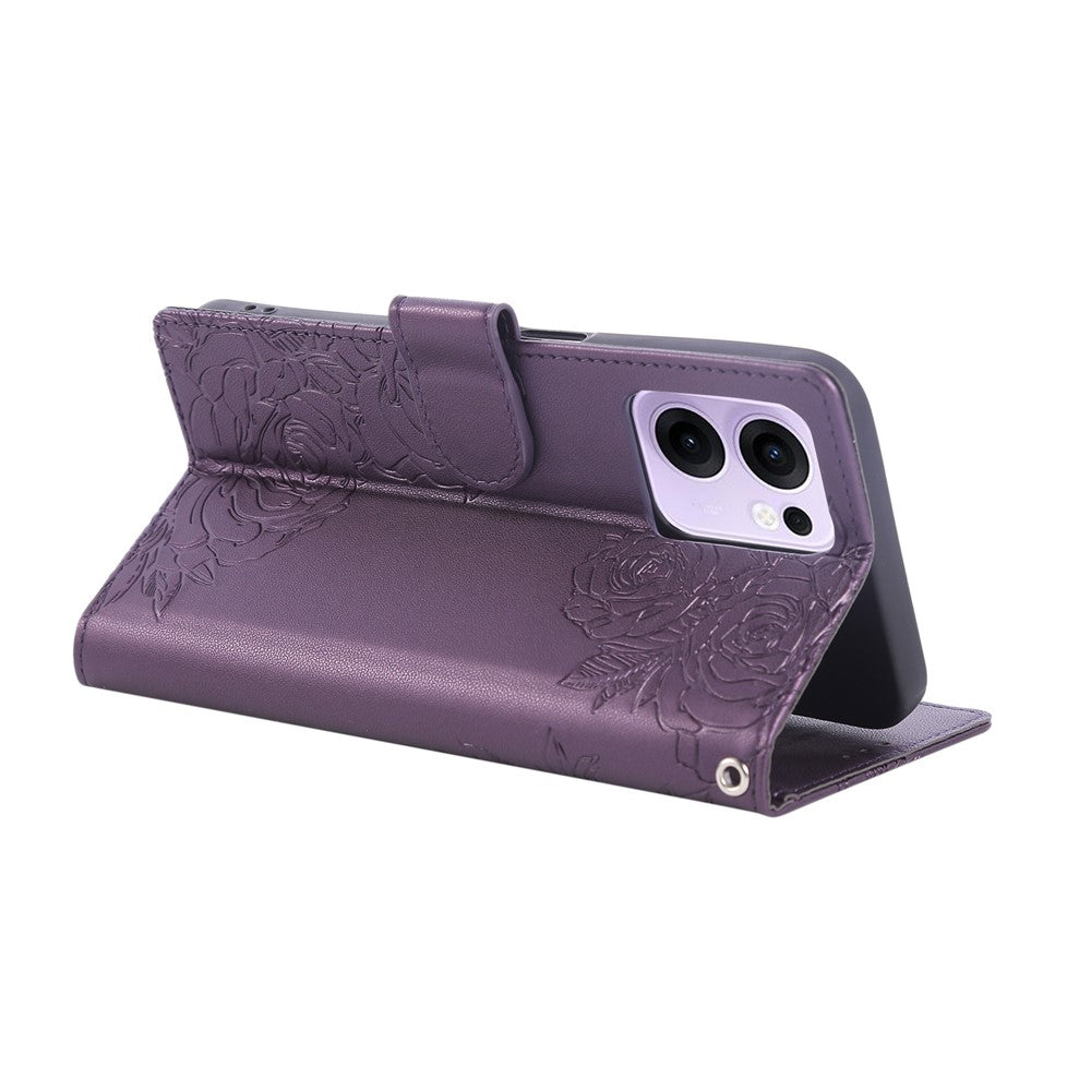 For Oppo Reno13 F 5G  /  4G Case Rose Flower PU Leather Wallet Phone Cover with 3 Card Slots - Dark Purple