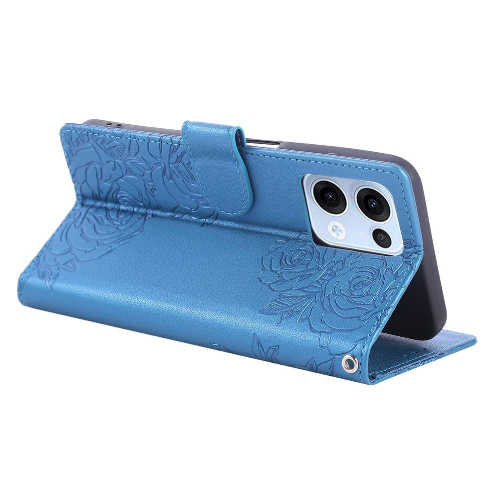 For Oppo Reno13 5G (Global) Case Rose Flower PU Leather Wallet Phone Cover with 3 Card Slots - Blue