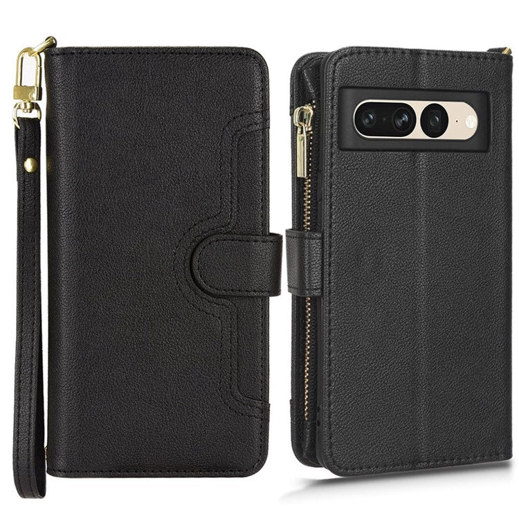For Google Pixel 7 5G PU Leather Magnetic Closure Handbag Stand Flip Wallet Zipper Pocket Phone Case with Hand Strap and Shoulder Strap - Black
