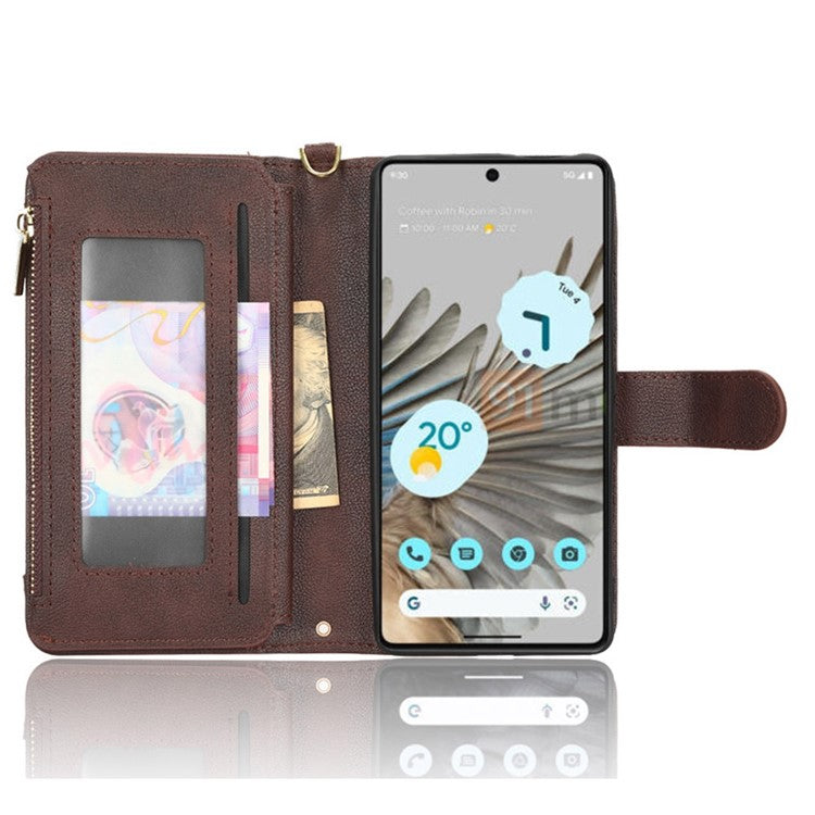 For Google Pixel 7 5G PU Leather Magnetic Closure Handbag Stand Flip Wallet Zipper Pocket Phone Case with Hand Strap and Shoulder Strap - Brown