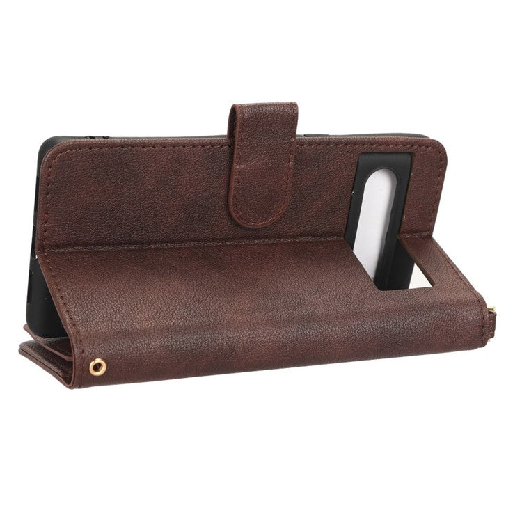 For Google Pixel 7 5G PU Leather Magnetic Closure Handbag Stand Flip Wallet Zipper Pocket Phone Case with Hand Strap and Shoulder Strap - Brown