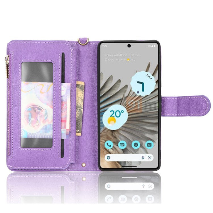 For Google Pixel 7 5G PU Leather Magnetic Closure Handbag Stand Flip Wallet Zipper Pocket Phone Case with Hand Strap and Shoulder Strap - Purple