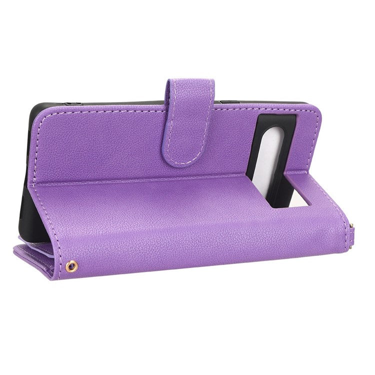 For Google Pixel 7 5G PU Leather Magnetic Closure Handbag Stand Flip Wallet Zipper Pocket Phone Case with Hand Strap and Shoulder Strap - Purple