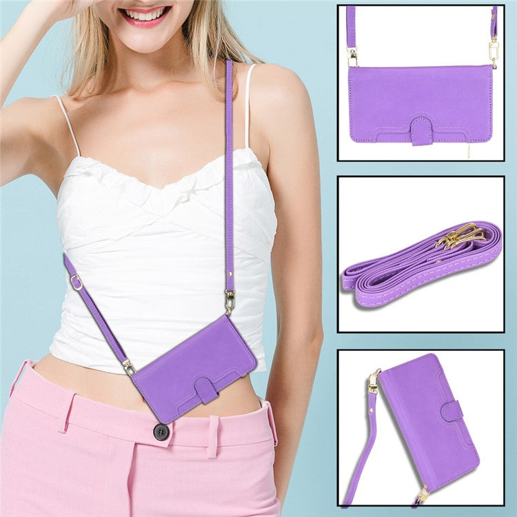 For Google Pixel 7 5G PU Leather Magnetic Closure Handbag Stand Flip Wallet Zipper Pocket Phone Case with Hand Strap and Shoulder Strap - Purple