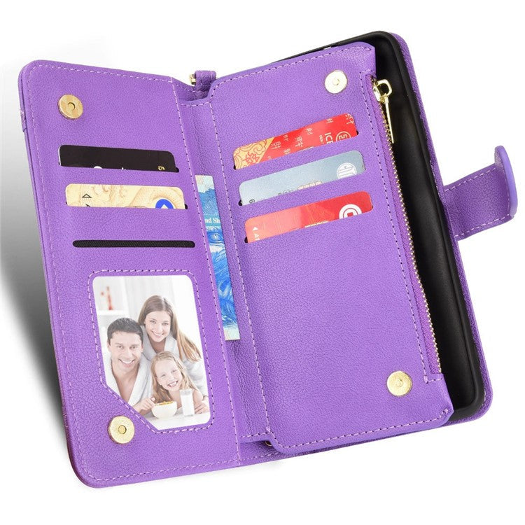 For Google Pixel 7 5G PU Leather Magnetic Closure Handbag Stand Flip Wallet Zipper Pocket Phone Case with Hand Strap and Shoulder Strap - Purple
