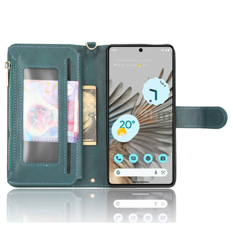 For Google Pixel 7 5G PU Leather Magnetic Closure Handbag Stand Flip Wallet Zipper Pocket Phone Case with Hand Strap and Shoulder Strap - Green
