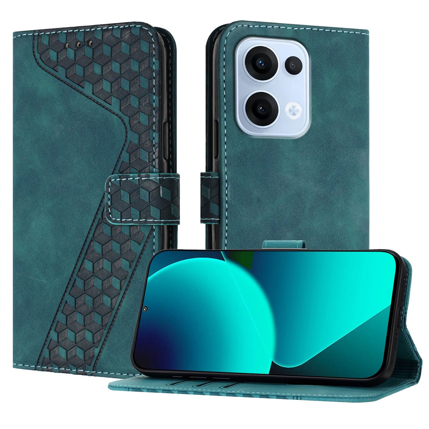 For Oppo Reno13 5G (Global) Leather Case 7-Shaped Pattern Wallet Stand Shockproof Phone Cover - Green