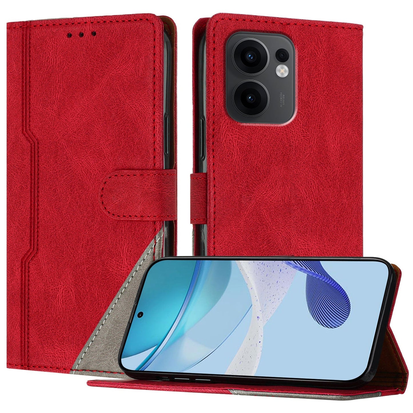 For Oppo Reno13 F 5G Leather Case Triangle Patchwork Wallet Stand Shockproof Phone Cover - Red