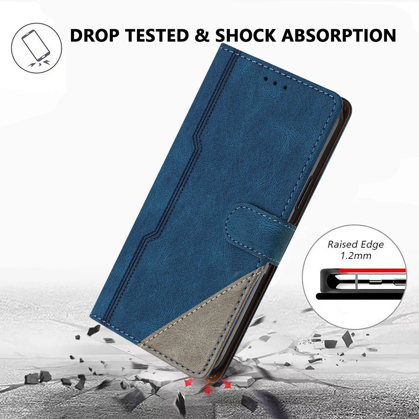 For Oppo Reno13 F 5G Leather Case Triangle Patchwork Wallet Stand Shockproof Phone Cover - Blue