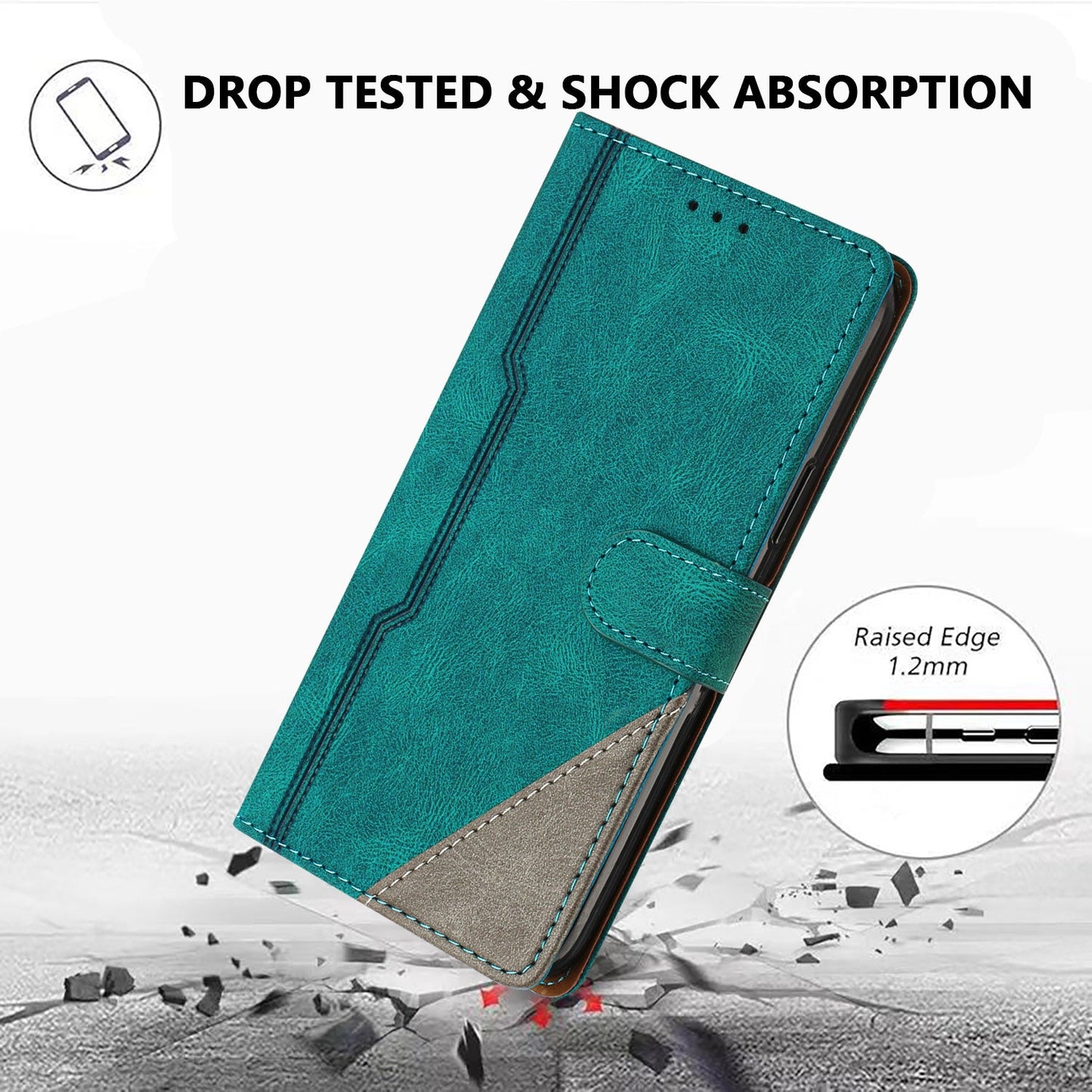 For Oppo Reno13 F 5G Leather Case Triangle Patchwork Wallet Stand Shockproof Phone Cover - Green
