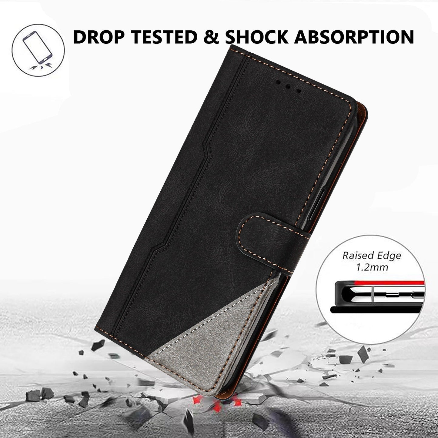 For Oppo Reno13 F 5G Leather Case Triangle Patchwork Wallet Stand Shockproof Phone Cover - Black