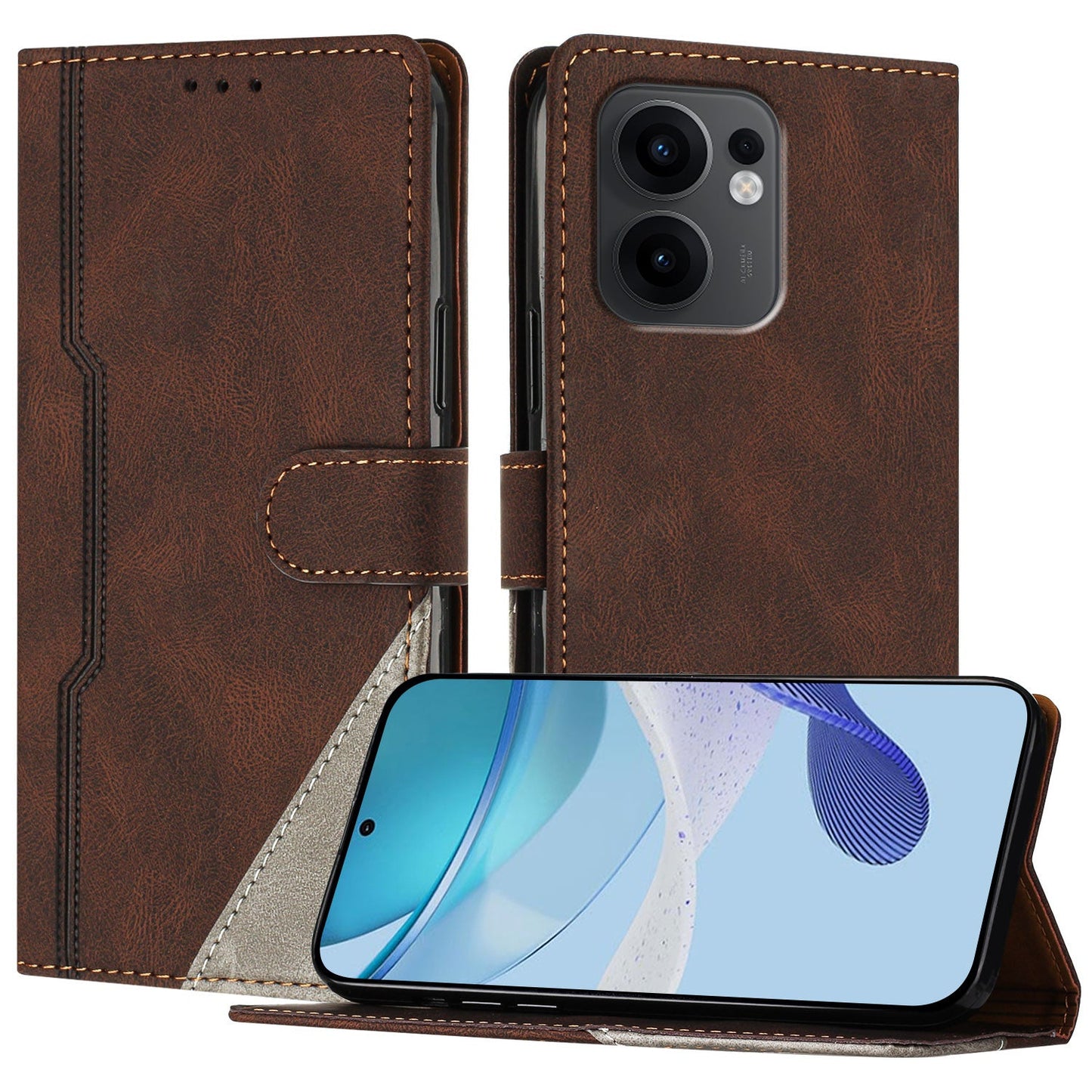 For Oppo Reno13 F 5G Leather Case Triangle Patchwork Wallet Stand Shockproof Phone Cover - Brown