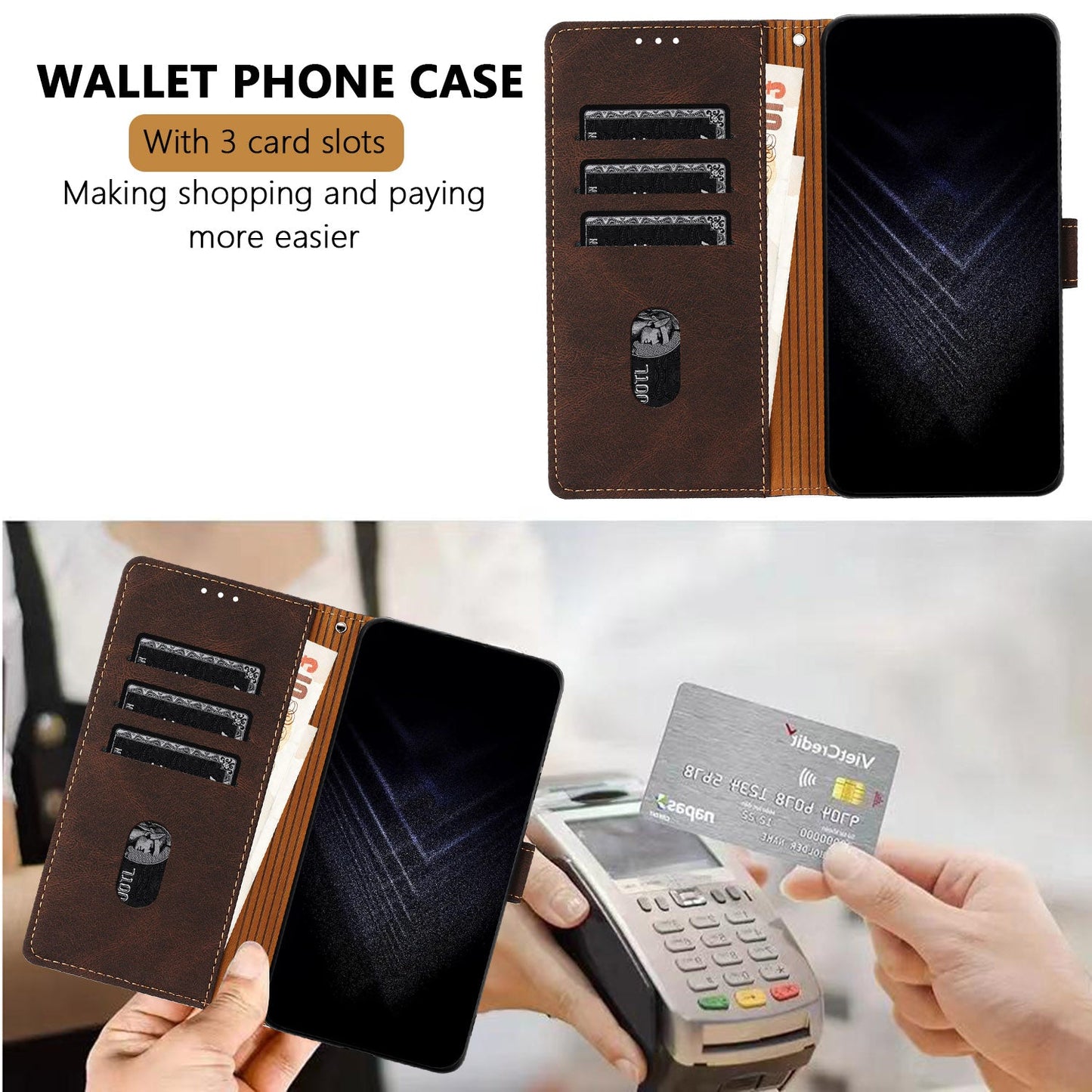 For Oppo Reno13 F 5G Leather Case Triangle Patchwork Wallet Stand Shockproof Phone Cover - Brown