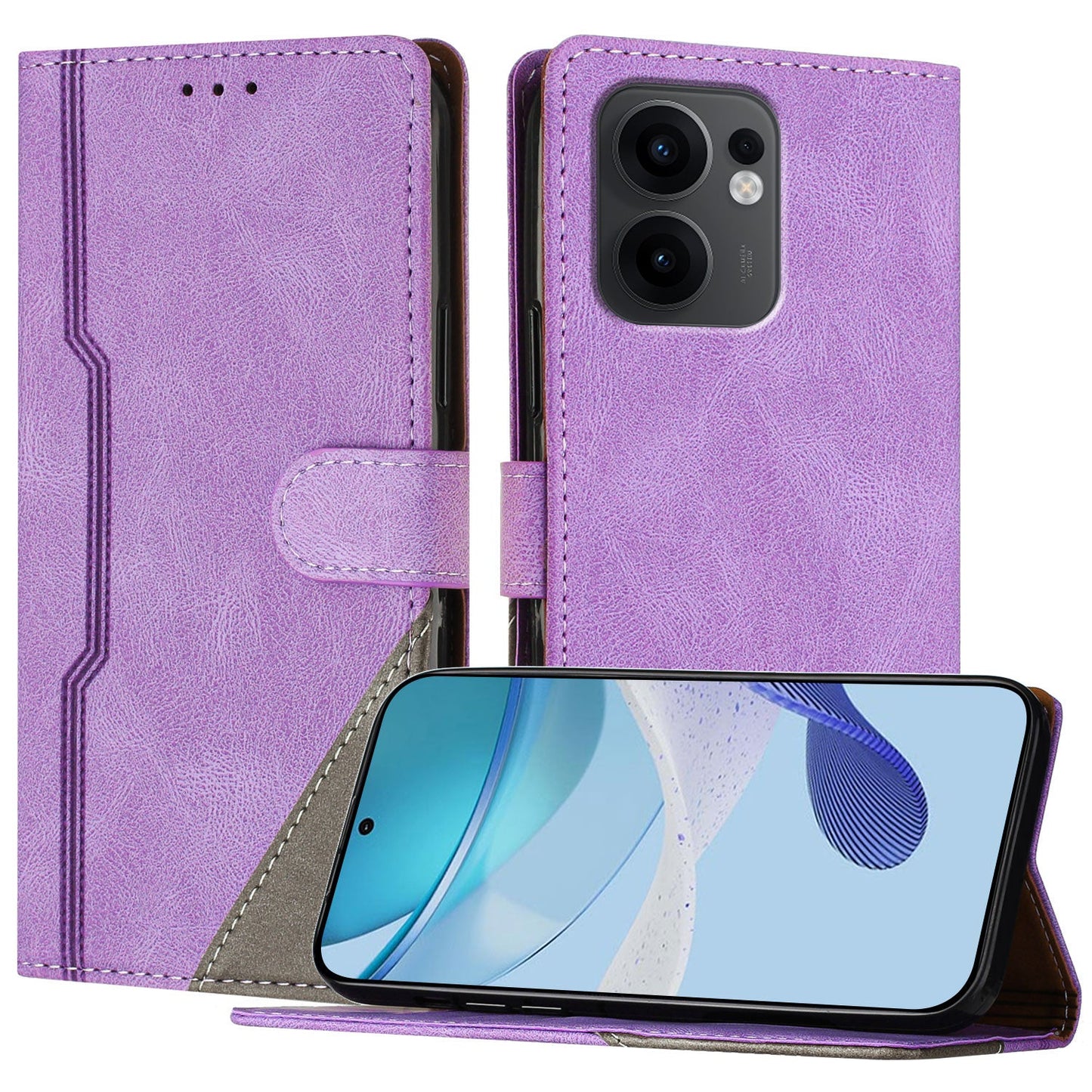 For Oppo Reno13 F 5G Leather Case Triangle Patchwork Wallet Stand Shockproof Phone Cover - Purple