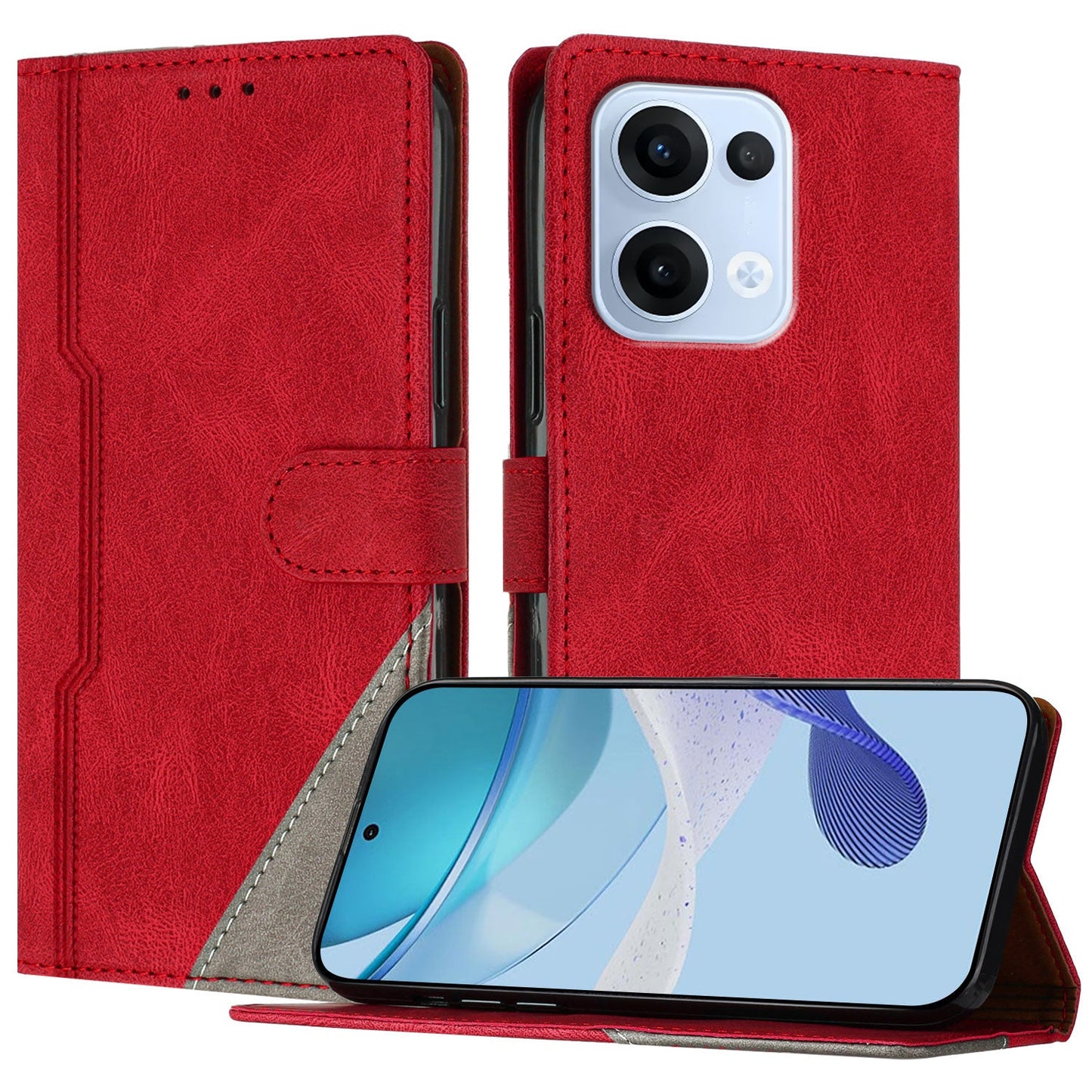 For Oppo Reno13 5G (Global) Leather Case Triangle Patchwork Wallet Stand Shockproof Phone Cover - Red